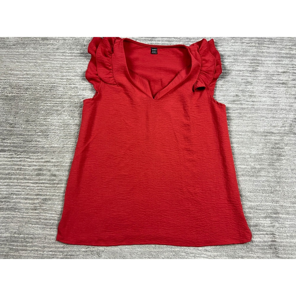 SHEIN Blouse Womens Medium Red Ruffle Cap Sleeve V-Neck Textured Relaxed Fit Top